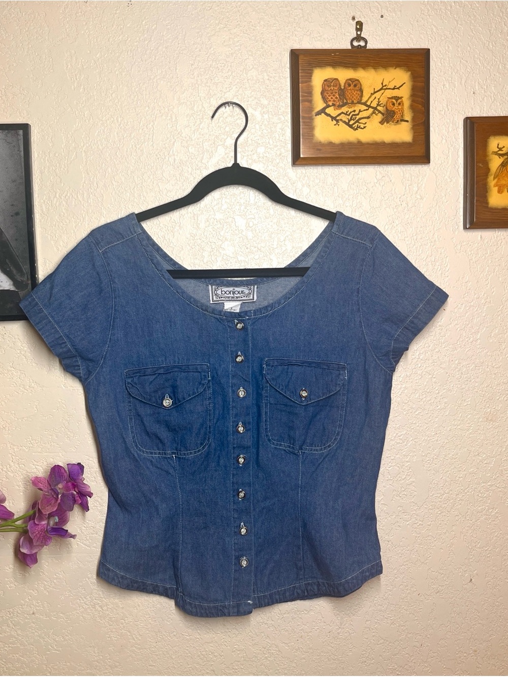 Bonprix Blue Denim Button-Front Short Sleeve Shirt